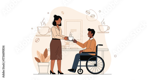Illustration of a person in a wheelchair being served coffee by a woman at work