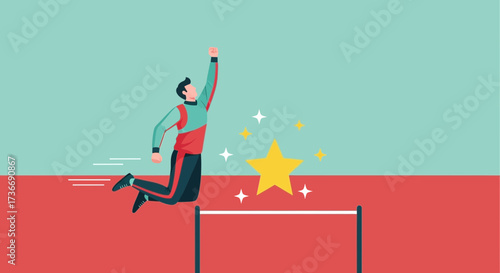 Illustration of a person jumping over a hurdle representing success and achievement