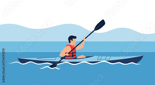 Illustration of a person kayaking on calm water with a paddle and life vest for outdoor activity