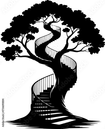 Captivating silhouette of a grand tree with an enchanting spiral staircase, symbolizing the continuous journey of growth, evolution, and the pursuit of aspirations