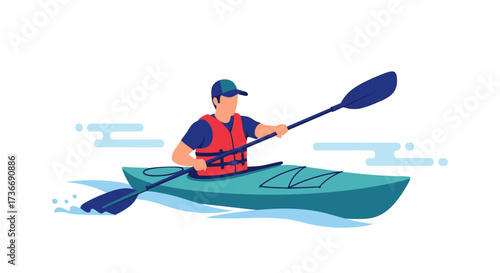 Illustration Of A Person Kayaking On Water With Safety Vest And Paddle