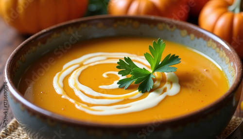 Appetizing pumpkin soup served in ceramic bowl with cream and parsley, garnished with pumpkins in background. This creamy pumpkin soup is perfect for autumn meal,