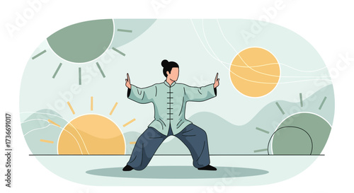 Illustration of a Person Practicing Tai Chi with a Sunrise and Nature Background