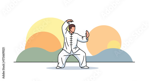 Illustration of a person practicing tai chi with a scenic background for relaxation wellness