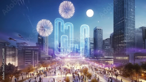 2026 City Celebration Illuminated Skyline Fireworks Glare Crowded Scene Evening Ambiance Urban Spectacle Modern Architecture Joyful Gathering Festive Atmosphere 4k video