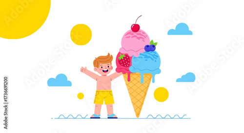 Joyful Child Holds Giant Ice Cream: A Sweet Summer Illustration or Adorable Cartoon