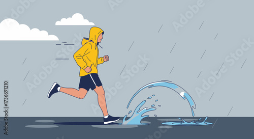 Illustration of a person running in the rain on a rainy day with splashes