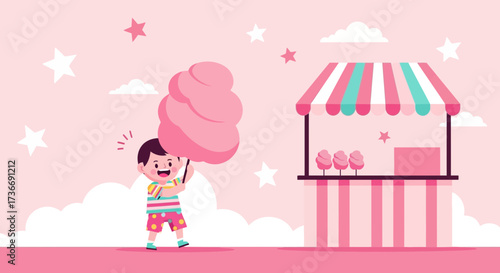 Joyful Child Holds Gigantic Cotton Candy Near A Festive Carnival Stall