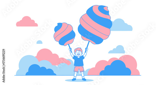Joyful Child Holds High Two Cotton Candies Against a Whimsical Sky Scene