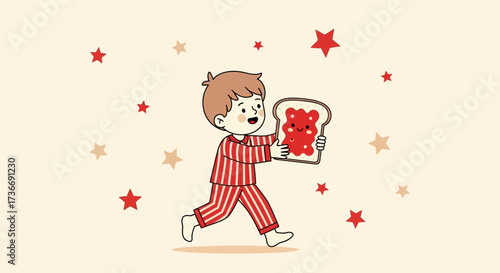 Joyful Child In Pajamas Running With Toast Adorned With Smiling Jam