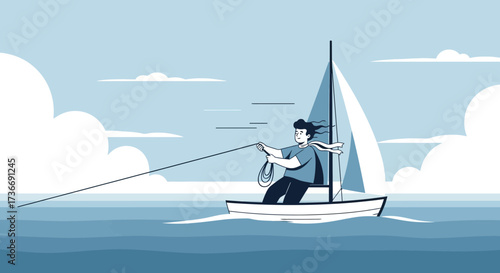 Illustration of a person sailing a sailboat on the water, enjoying a sunny day at sea