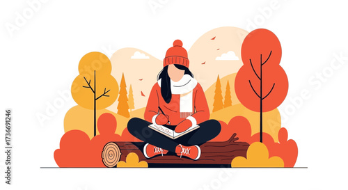 Illustration of a woman writing in a notebook while sitting on a log in nature scenes