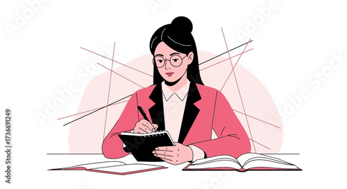 Illustration of a woman writing in a notebook with books on a table in front of her