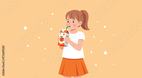Illustration of a young girl drinking orange juice from a carton with an abstract background