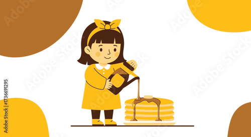 Illustration Of A Young Girl Pouring Syrup Over Fluffy Pancakes In A Yellow Dress