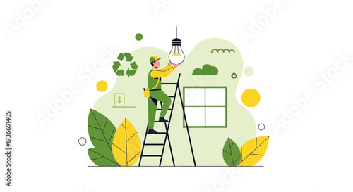 Illustration of an electrician changing a light bulb with environmental symbols