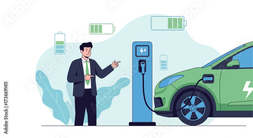 Illustration of an electric car being charged depicting sustainable transportation and renewable energy