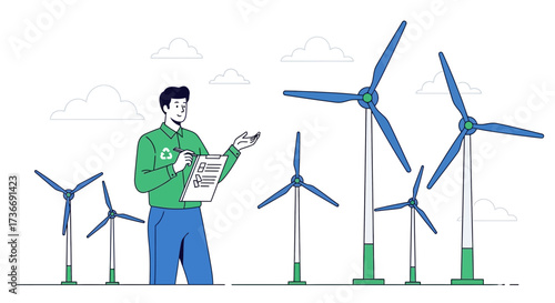 Illustration of an engineer evaluating and managing wind turbines in a renewable energy project