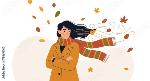 Illustration of Autumn Season: A Woman Bundled Up with Falling Leaves and Wind