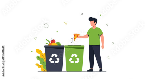 Illustration Of An Individual Recycling A Piece Of Pizza Into A Composting Bin, Conceptualizing