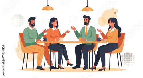 Illustration of business people during a meeting at a cafe, discussing and sharing ideas
