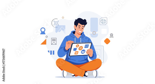 Illustration of a person using a tablet and interacting with digital icons and concepts