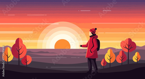 Illustration of a person watching the sunset in a colorful, stylized landscape