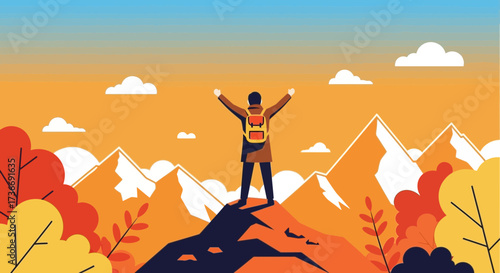 Illustration of a person with arms raised on a mountain peak celebrating success