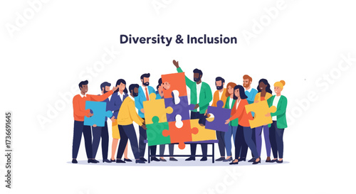 Illustration of Diversity and Inclusion in a Team with Puzzle Pieces and Colorful People