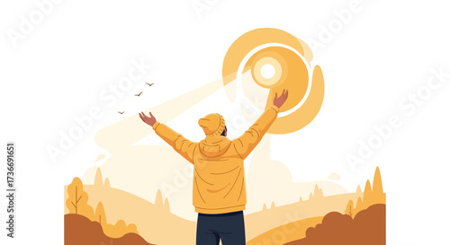 Illustration of a person with arms raised towards the sun in a nature landscape