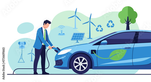Illustration of electric car charging, renewable energy, and sustainable lifestyle