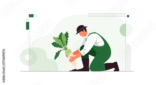 Illustration of farmer harvesting large vegetable from a garden in flat design style