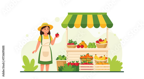 Illustration Of Farmworker Selling Fresh Autumn Fruits at a Grocer Stall Outdoors