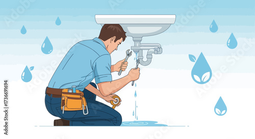 Illustration of a Plumber Fixing a Leaky Sink and Water Drops in a Symbolic Design