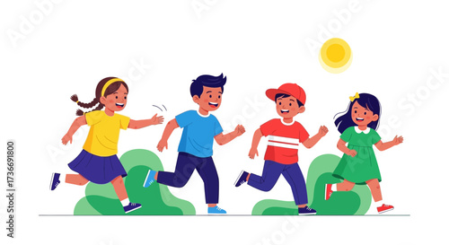 Illustration of happy children running and playing outdoors in a sunny environment