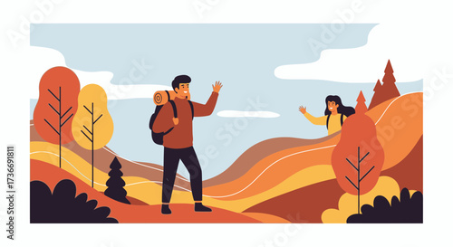Illustration of hikers waving to each other in the autumn forest landscape