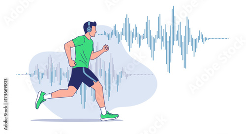Illustration of a runner with headphones listening to music or sound visualization