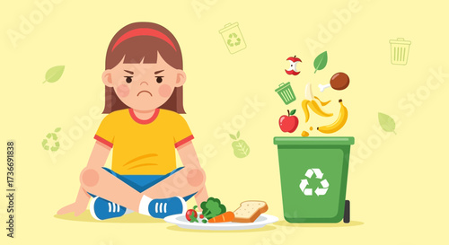 Illustration of a sad child with food waste, highlighting food waste concern and recycling
