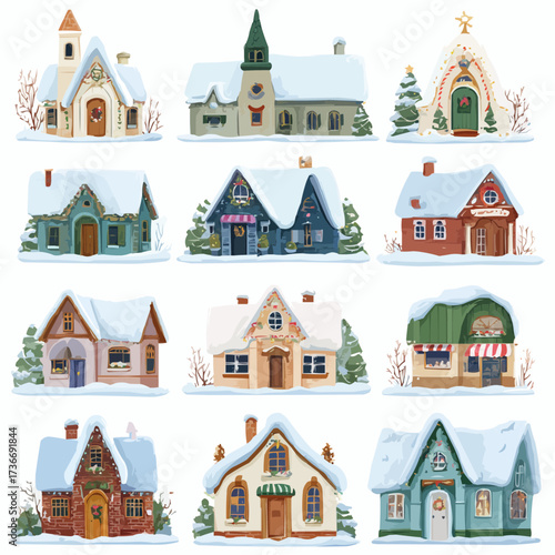  Christmas village houses on white background, ideal for advent calendar templates and holiday countdown projects