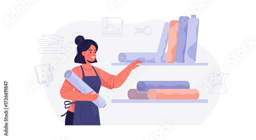 Illustration of a seamstress in a workshop selecting fabric rolls from shelves