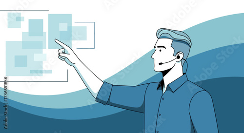 Illustration Of Man In Shirt Gesturing, Interacting With Interface Elements.