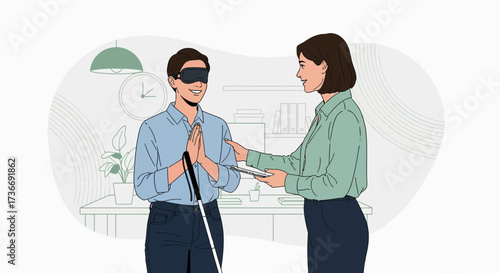 Illustration of a sighted person assisting a blind person in an office