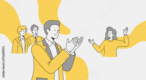 Illustration of people applaud and celebrate as a team in a business environment