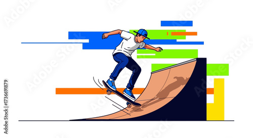 Illustration of a skateboarder performing a trick on a ramp in a vector style