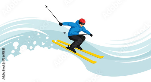 Illustration of a skier descending a snowy slope, perfect for winter sport designs