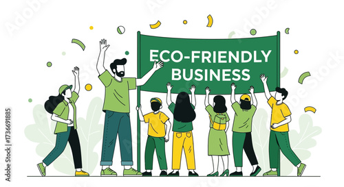 Illustration of people celebrating an eco-friendly business with a green banner