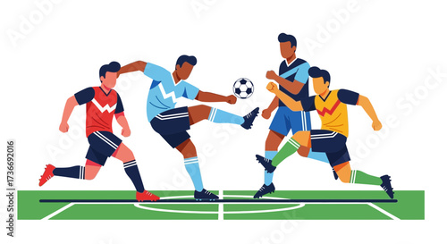 Illustration of a soccer game with players kicking the ball on a green field