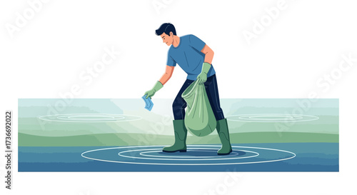 Illustration of Person Collecting Trash, Environmental Cleanup And Conservation Effort