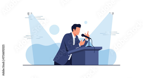 Illustration of a speaker giving a presentation on a podium during a conference