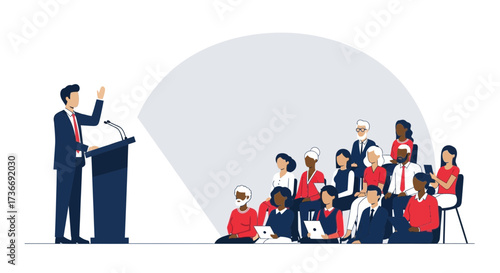 Illustration of a speaker giving a presentation to an audience, vector illustration